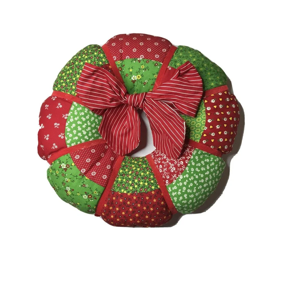 Set Of 2 Vintage Handmade Christmas Stuffed Fabric Wreaths Handmade Decor 16”